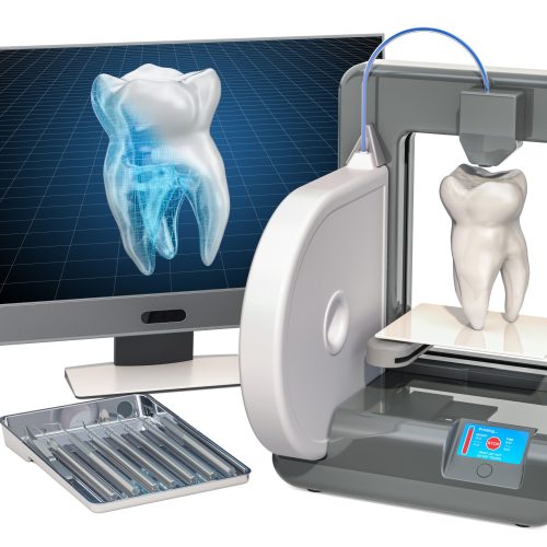 Artificial tooth on three dimensional printer, 3d printing in stomatology concept. 3D rendering isolated on white background